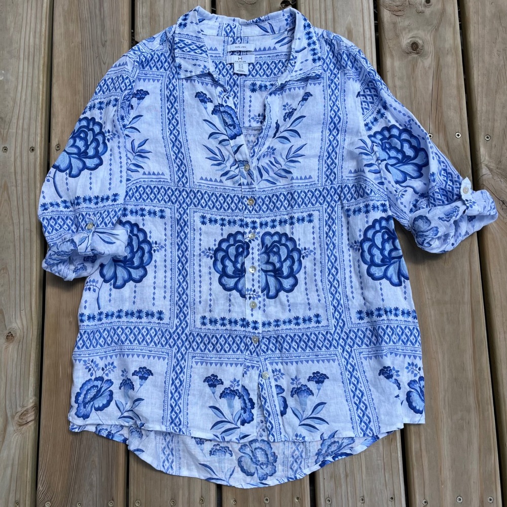 Halston Shirt Blouse Top 100% Linen Flax Blue White Floral Roll Tab Plus Size 1X